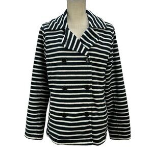 Lands End Striped Fleece Double Breasted Jacket‎ Medium 10-12 Pockets Nautical
